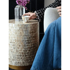 Pearl Shell Mosaic Drum Side Table with Sculptural Coastal Glam