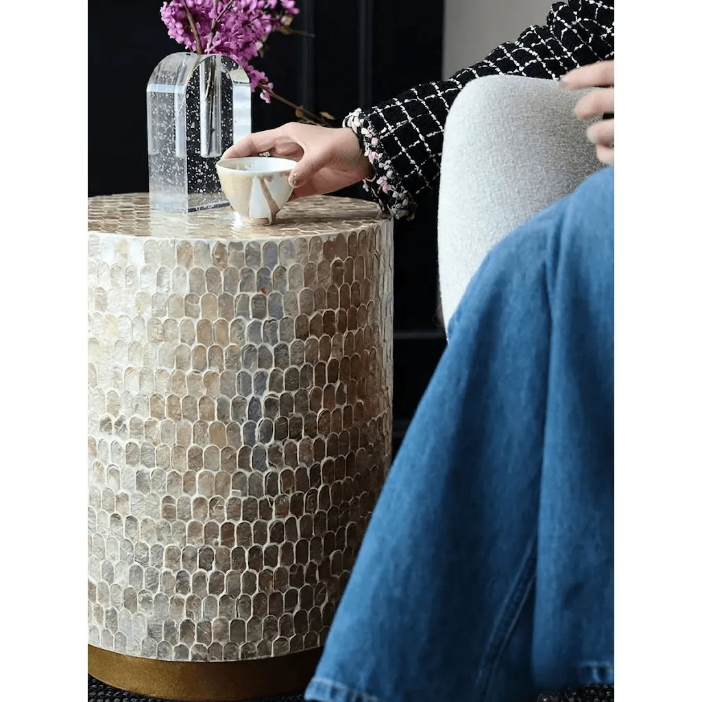 Pearl Shell Mosaic Drum Side Table with Sculptural Coastal Glam