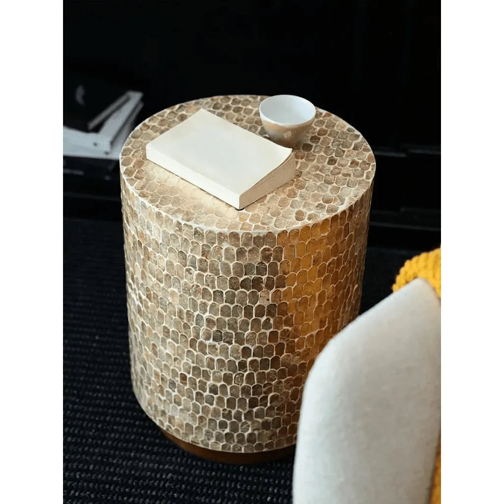 Pearl Shell Mosaic Drum Side Table with Sculptural Coastal Glam