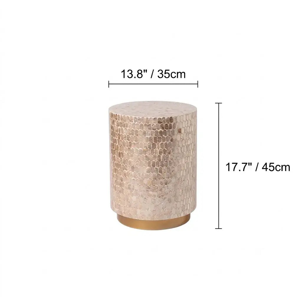 Pearl Shell Mosaic Drum Side Table with Sculptural Coastal Glam Dimensions