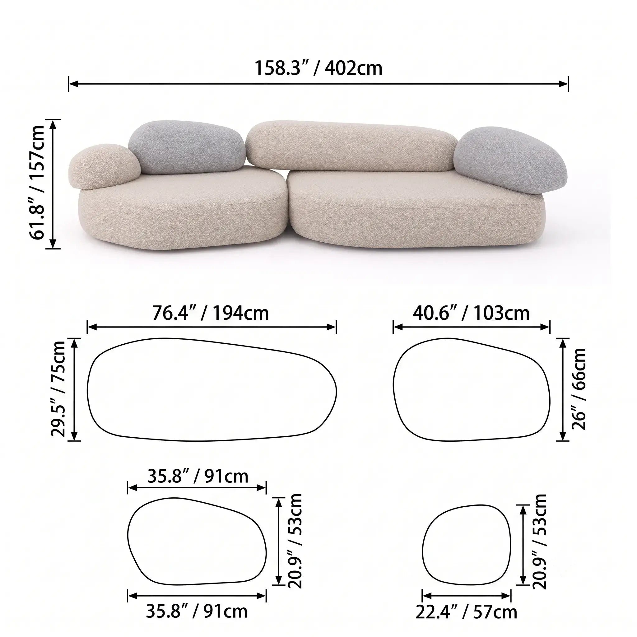 Pebble Sofa Modular Cloud Velvet Lounge with Curved Forms and Flexible Layouts Dimensions