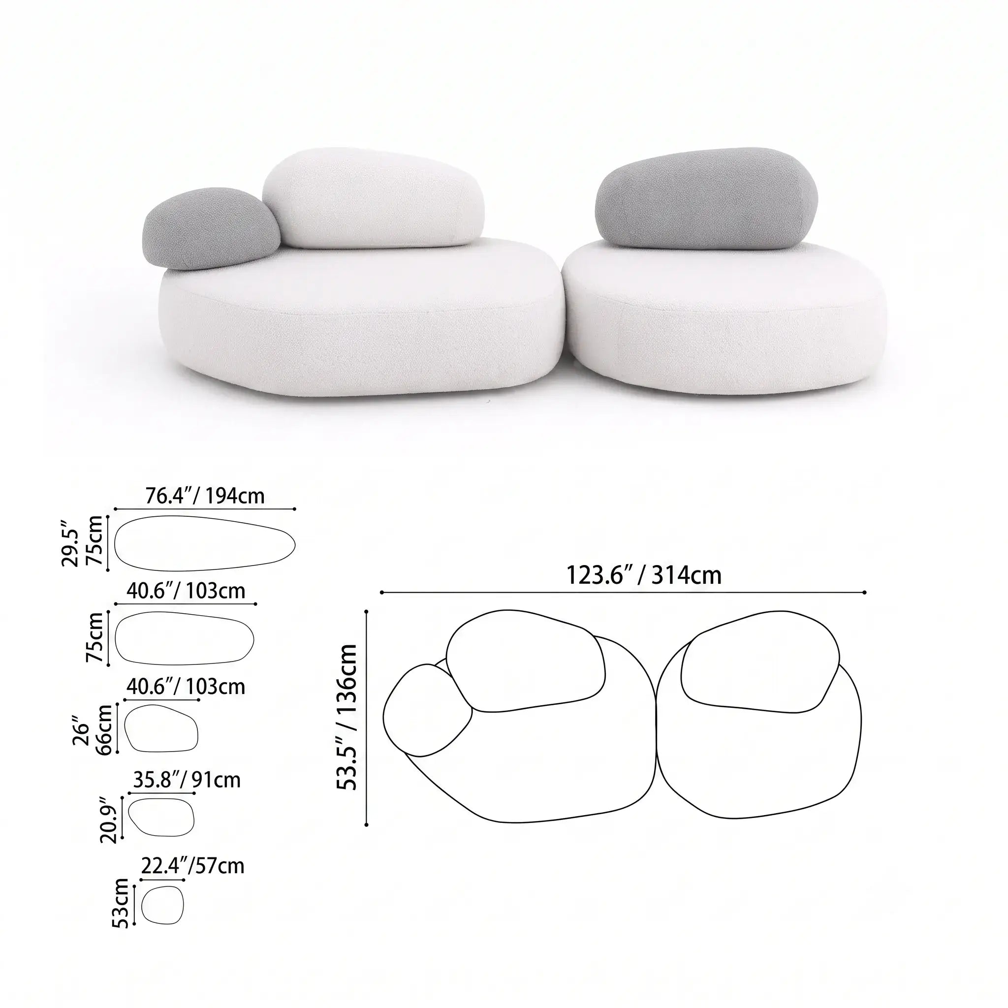 Pebble Sofa Modular Cloud Velvet Lounge with Curved Forms and Flexible Layouts Dimensions