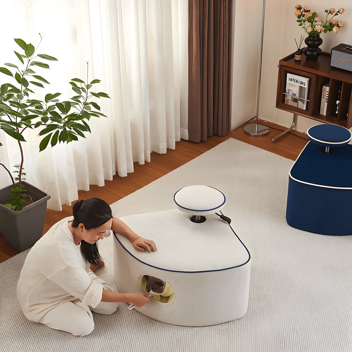 Pet Friendly Meditation Chair with Lift-Adjustable Velvet Cat Nook Ottoman