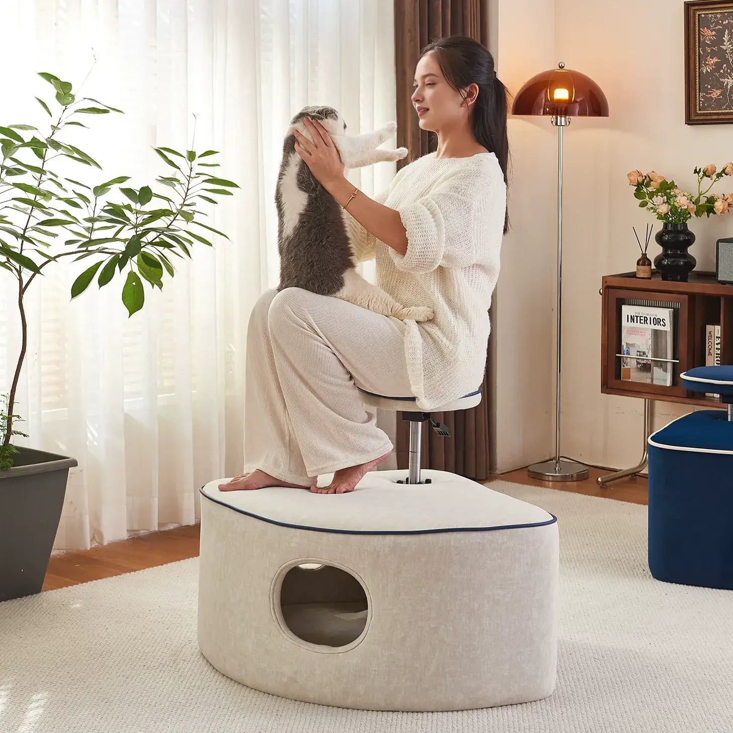 Pet Friendly Meditation Chair with Lift-Adjustable Velvet Cat Nook Ottoman Main Product Image Main image