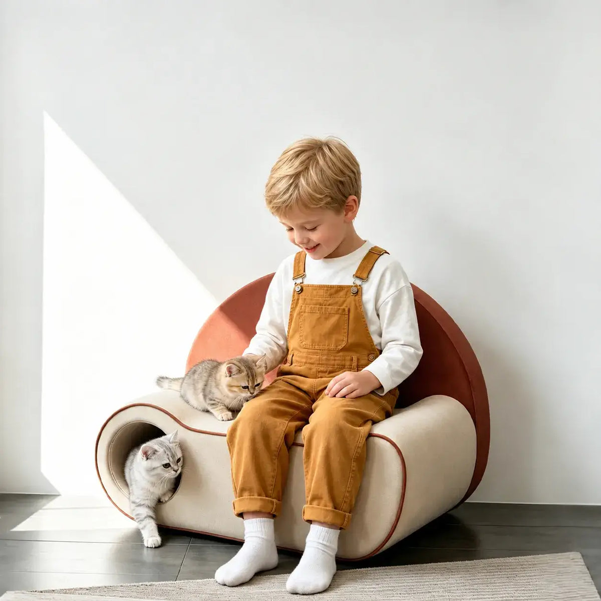 Pet-Friendly Velvet Kids Sofa with Arched Tunnel Nook, Cream Caramel