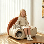 Pet-Friendly Velvet Kids Sofa with Arched Tunnel Nook, Cream Caramel