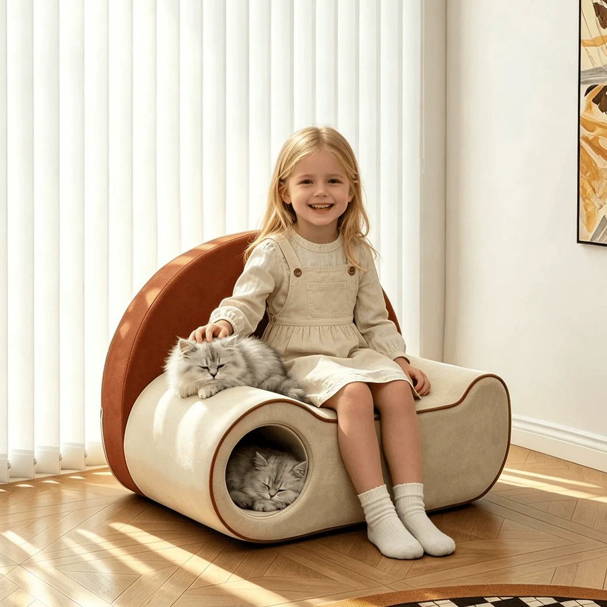Pet-Friendly Velvet Kids Sofa with Arched Tunnel Nook, Cream Caramel