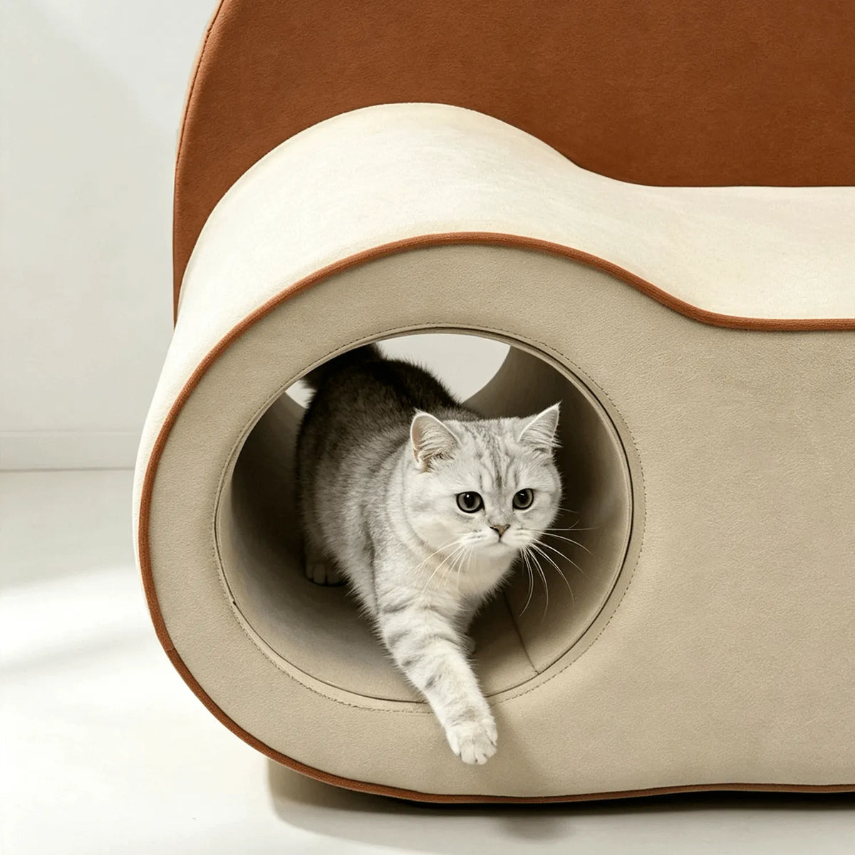Pet-Friendly Velvet Kids Sofa with Arched Tunnel Nook, Cream Caramel