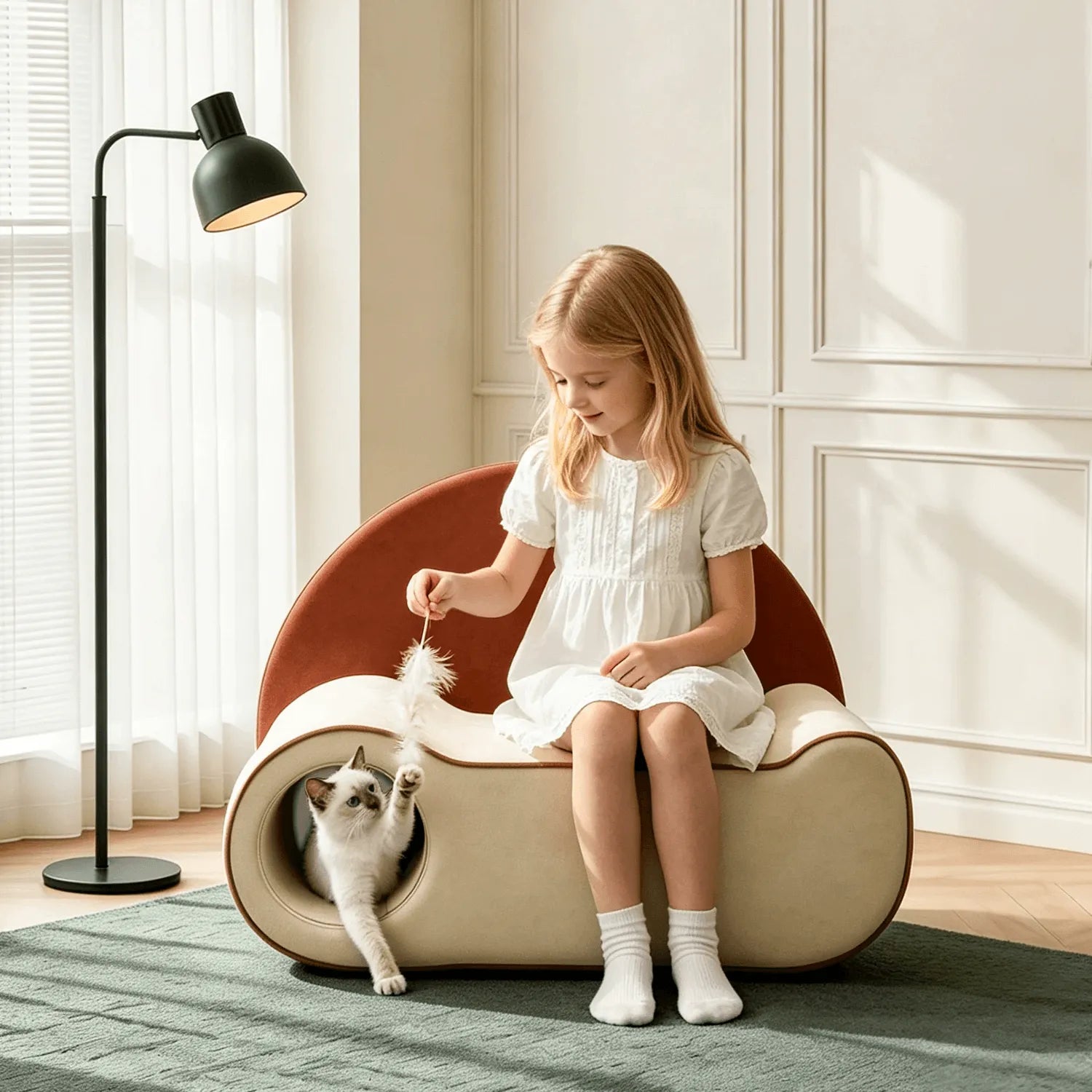 Pet-Friendly Velvet Kids Sofa with Arched Tunnel Nook, Cream Caramel Secondary image