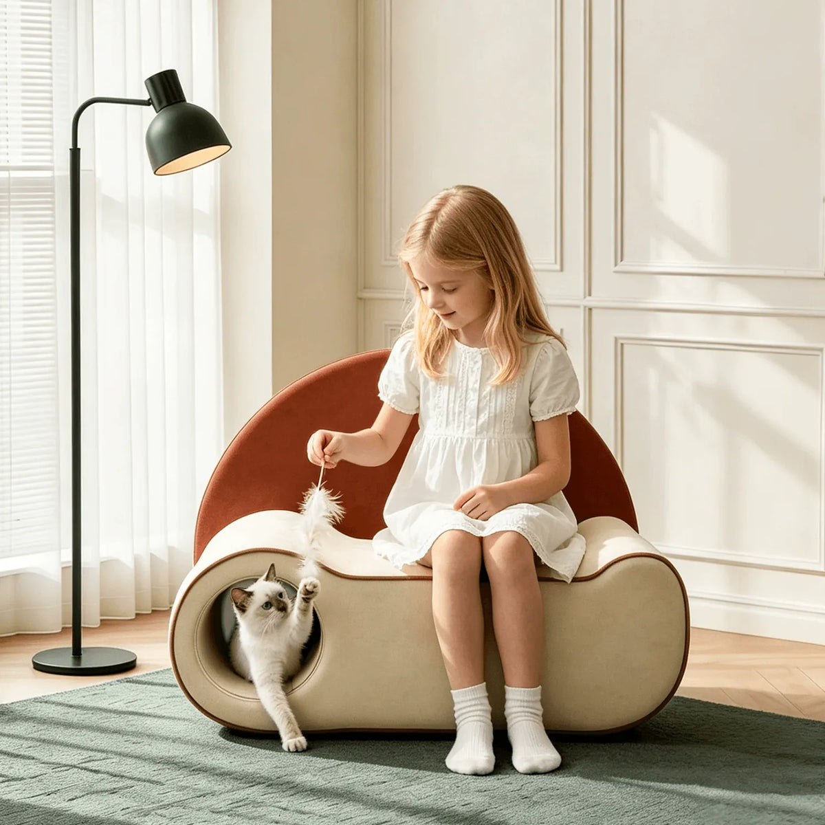 Pet-Friendly Velvet Kids Sofa with Arched Tunnel Nook, Cream Caramel