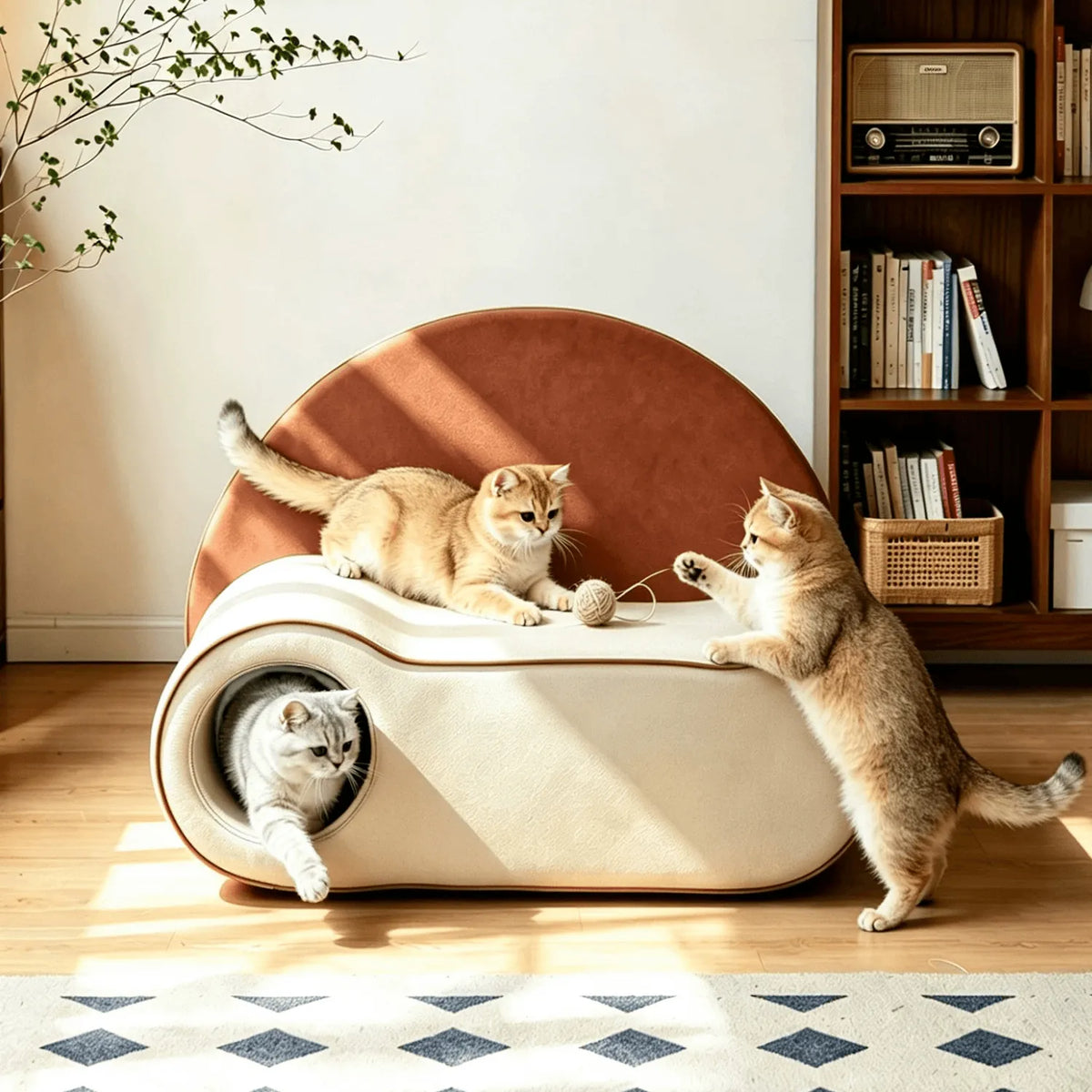 Pet-Friendly Velvet Kids Sofa with Arched Tunnel Nook, Cream Caramel