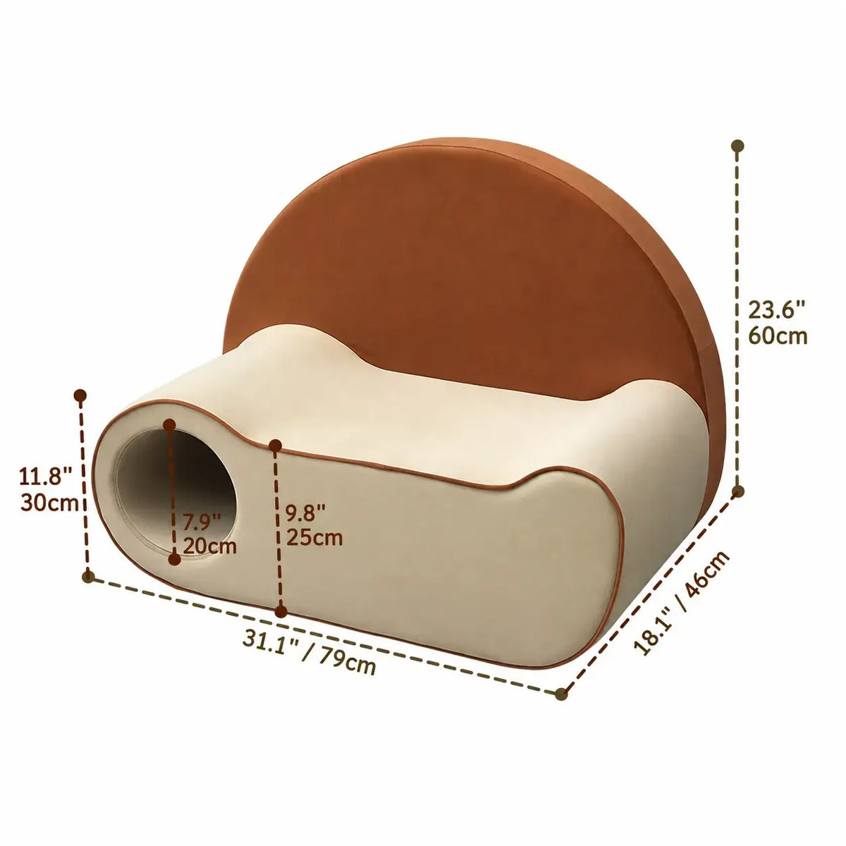 Pet-Friendly Velvet Kids Sofa with Arched Tunnel Nook, Cream Caramel Dimensions