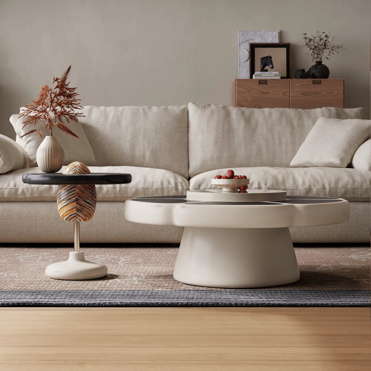Petal-Inspired Nesting Coffee Table Set With Rainbow Wood Veneer Accents