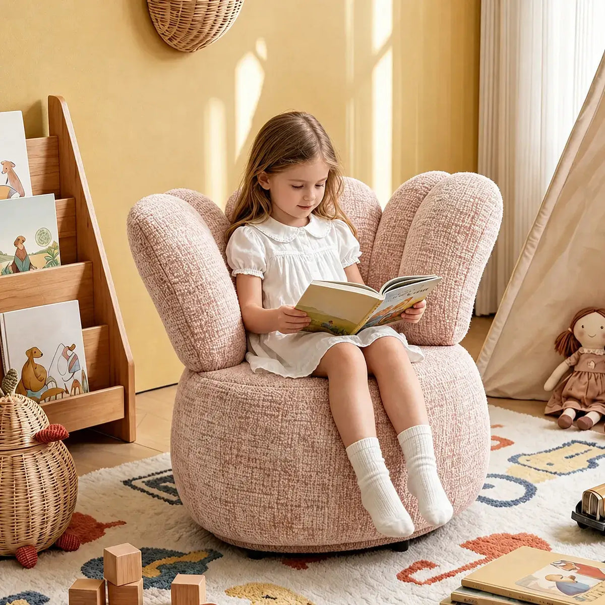 Petal Silhouette Chenille Kids Chair With 360 Swivel Reading Nook Design