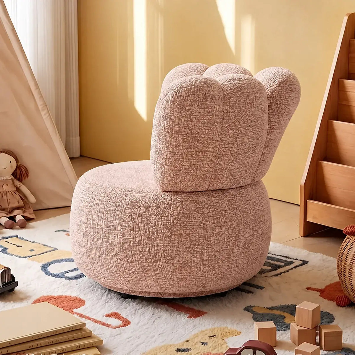 Petal Silhouette Chenille Kids Chair With 360 Swivel Reading Nook Design