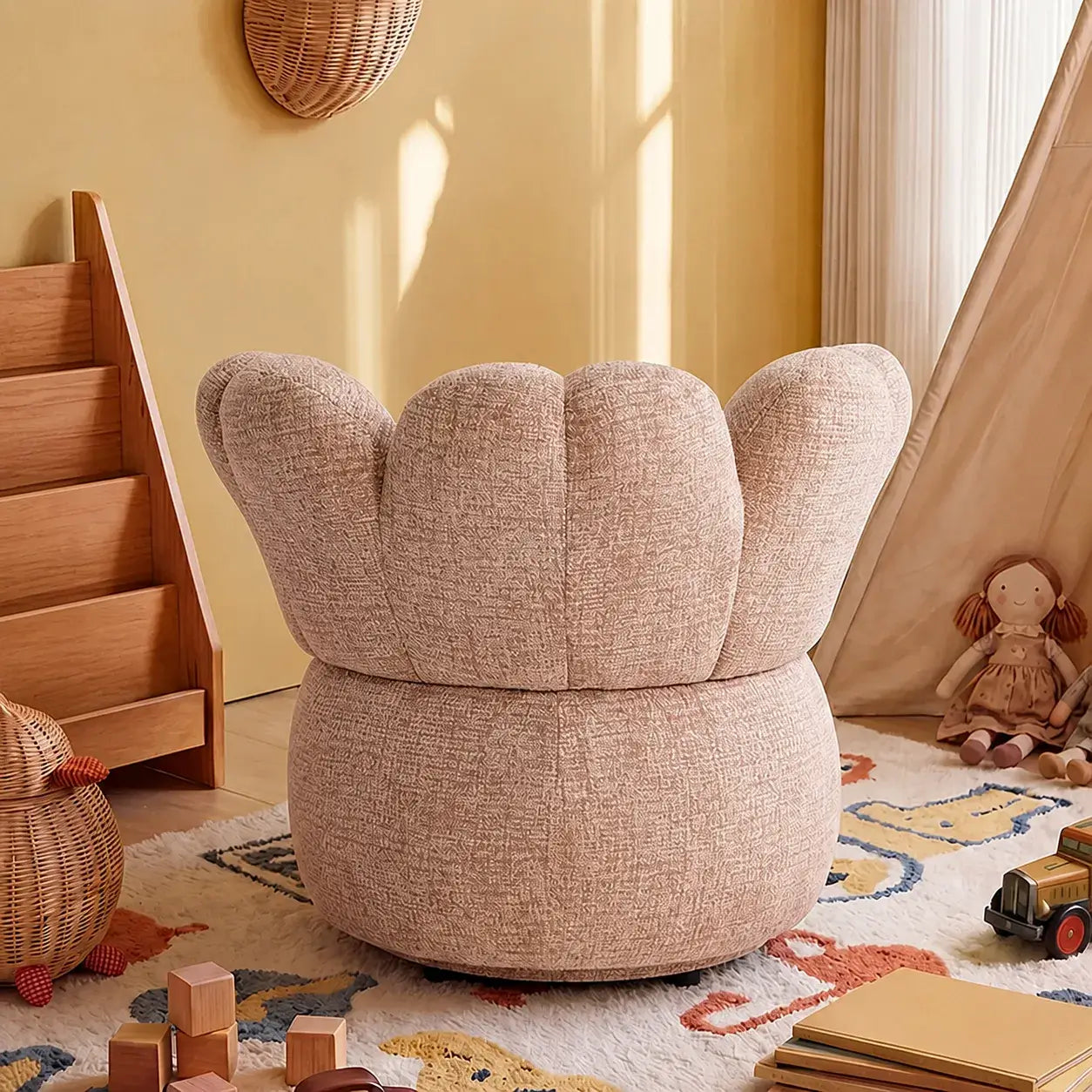 Petal Silhouette Chenille Kids Chair With 360 Swivel Reading Nook Design