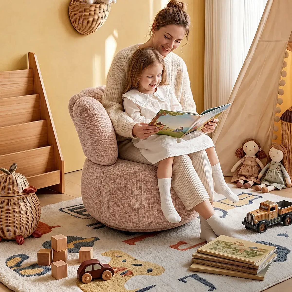 Petal Silhouette Chenille Kids Chair With 360 Swivel Reading Nook Design