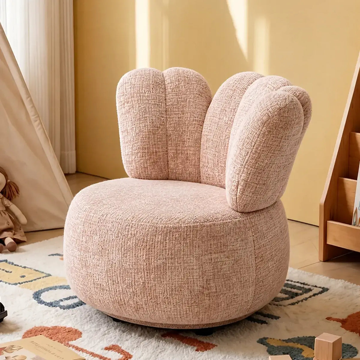 Petal Silhouette Chenille Kids Chair With 360 Swivel Reading Nook Design