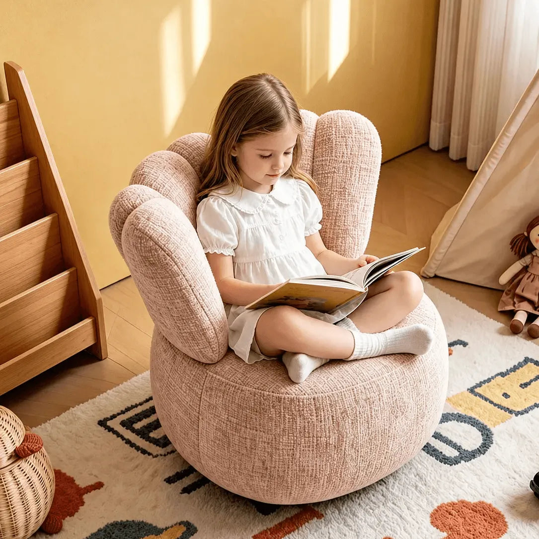 Petal Silhouette Chenille Kids Chair With 360 Swivel Reading Nook Design
