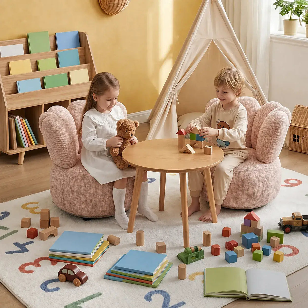 Petal Silhouette Chenille Kids Chair With 360 Swivel Reading Nook Design