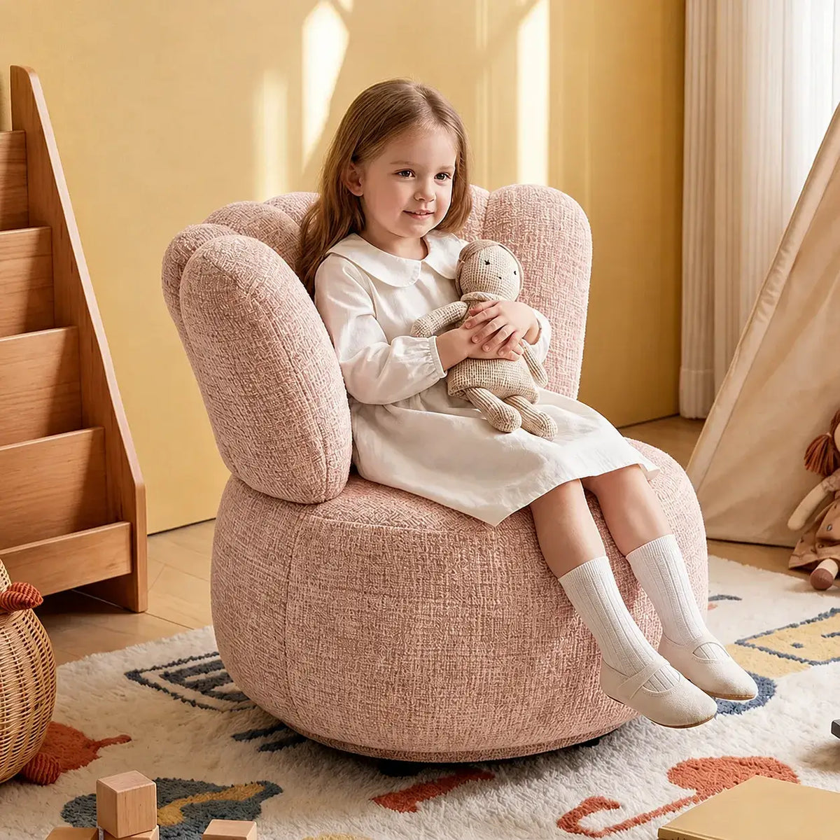 Petal Silhouette Chenille Kids Chair With 360 Swivel Reading Nook Design Main Product Image