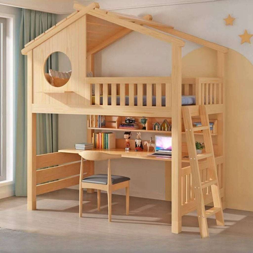 Pine Loft Bed with Ladder, Dollhouse Design and Built-In Storage