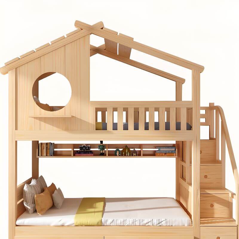 Pine Loft Bed with Ladder, Dollhouse Design and Built-In Storage