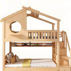 Pine Loft Bed with Ladder, Dollhouse Design and Built-In Storage