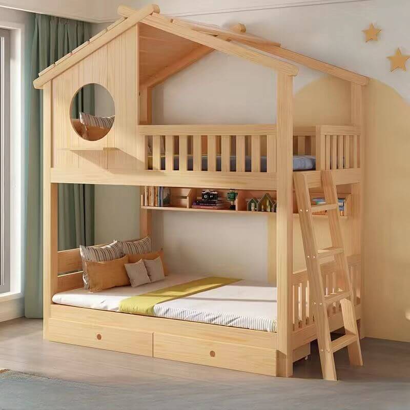 Pine Loft Bed with Ladder, Dollhouse Design and Built-In Storage