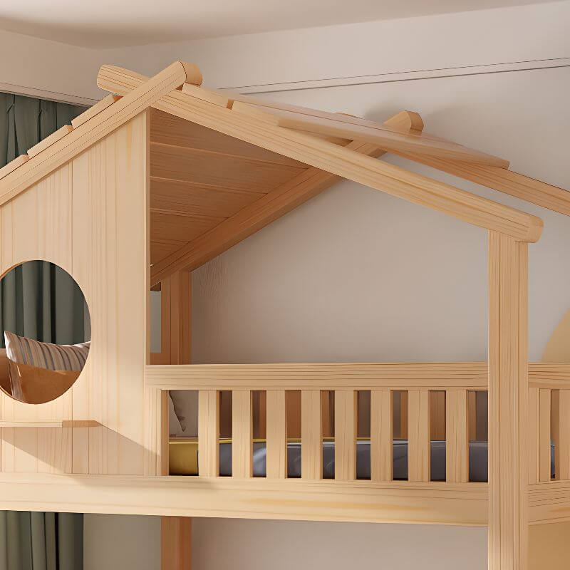 Pine Loft Bed with Ladder, Dollhouse Design and Built-In Storage