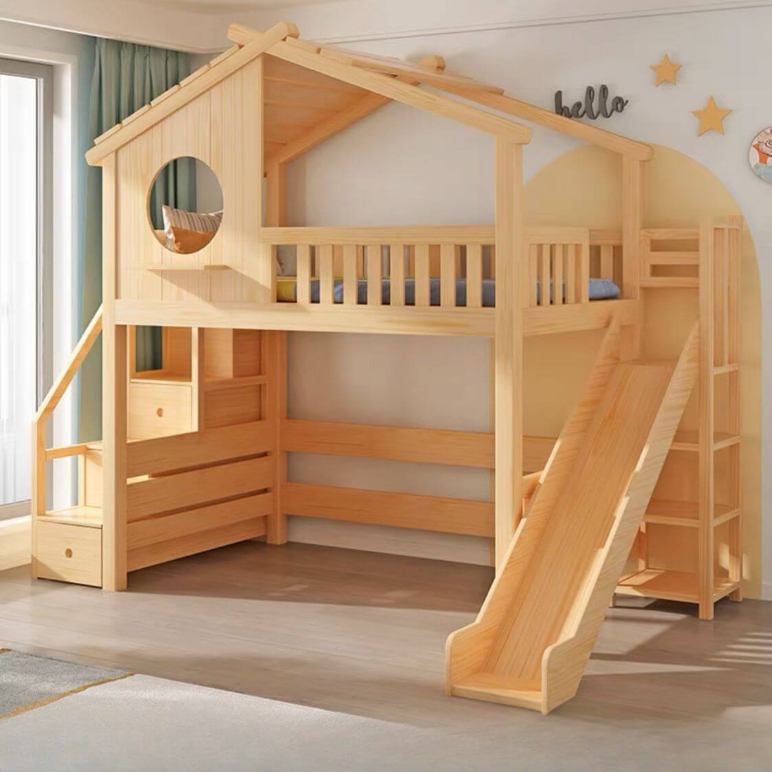 Pine Loft Bed with Ladder, Dollhouse Design and Built-In Storage