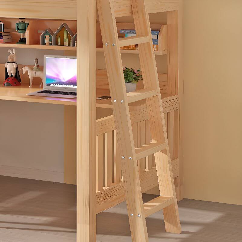 Pine Loft Bed with Ladder, Dollhouse Design and Built-In Storage