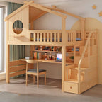 Pine Loft Bed with Ladder, Dollhouse Design and Built-In Storage