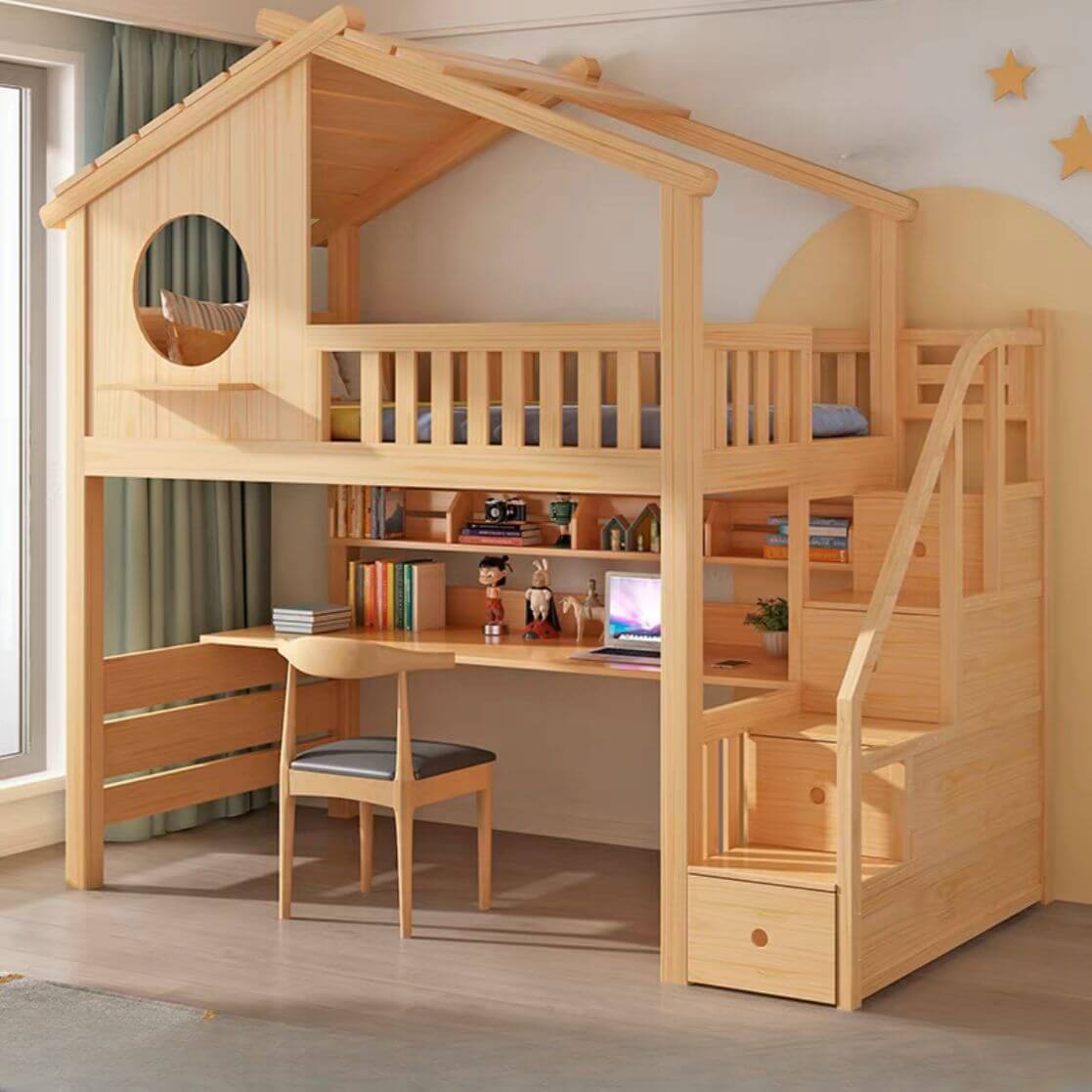 Pine Loft Bed with Ladder, Dollhouse Design and Built-In Storage