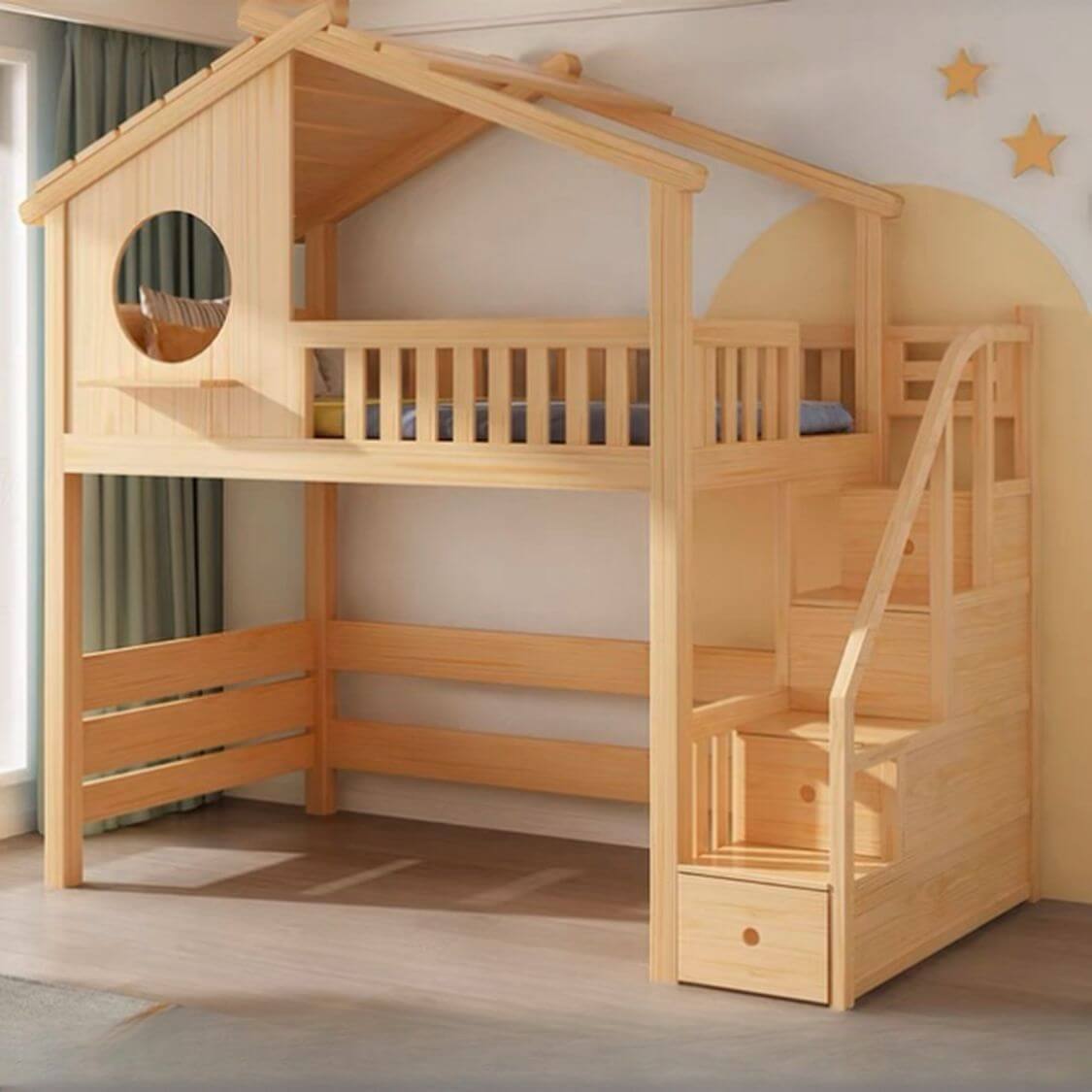 Pine Loft Bed with Ladder, Dollhouse Design and Built-In Storage