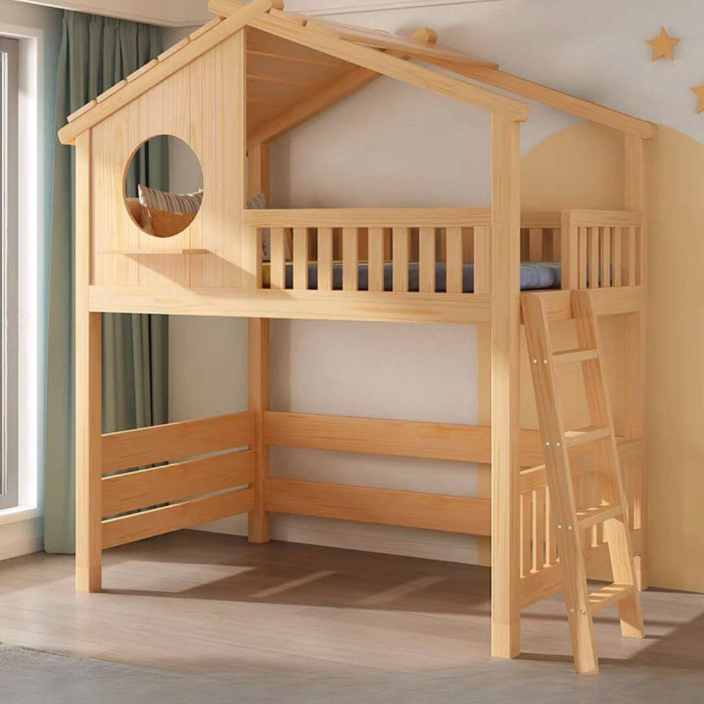 Pine Loft Bed with Ladder, Dollhouse Design and Built-In Storage