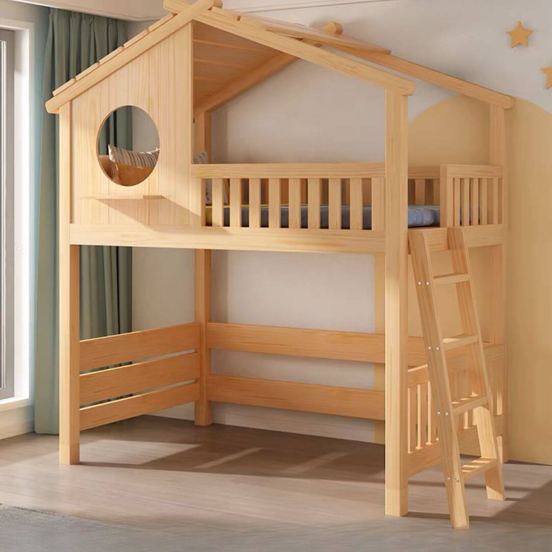 Pine Loft Bed with Ladder, Dollhouse Design and Built-In Storage