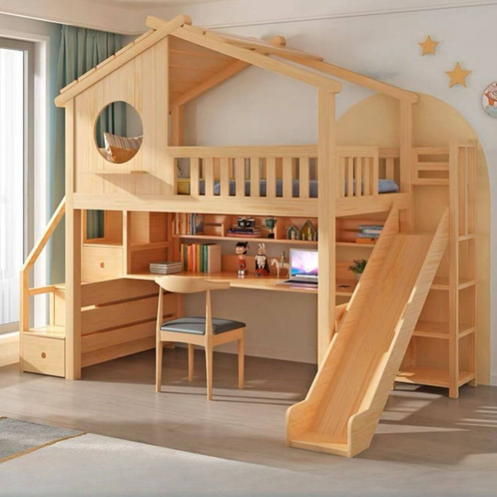 Pine Loft Bed with Ladder, Dollhouse Design and Built-In Storage