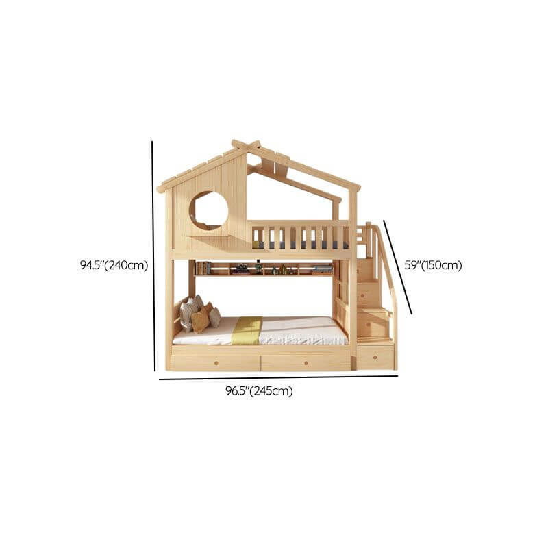 Pine Loft Bed with Ladder, Dollhouse Design and Built-In Storage Dimensions