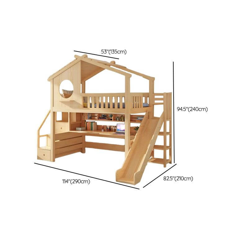 Pine Loft Bed with Ladder, Dollhouse Design and Built-In Storage Dimensions