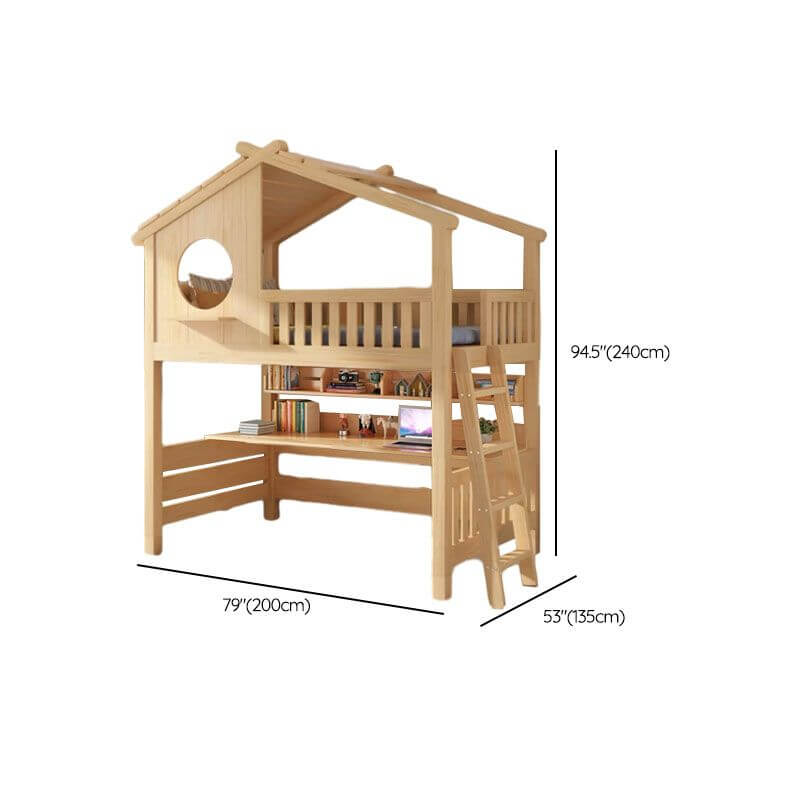 Pine Loft Bed with Ladder, Dollhouse Design and Built-In Storage Dimensions