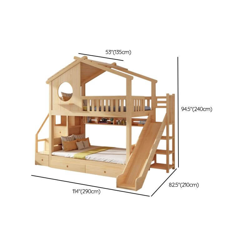 Pine Loft Bed with Ladder, Dollhouse Design and Built-In Storage Dimensions
