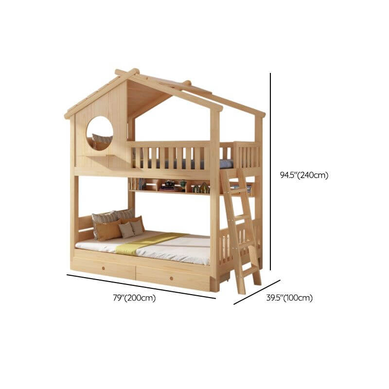 Pine Loft Bed with Ladder, Dollhouse Design and Built-In Storage Dimensions