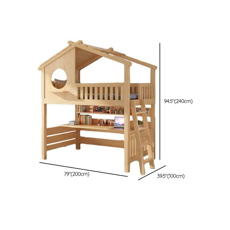 Pine Loft Bed with Ladder, Dollhouse Design and Built-In Storage Dimensions
