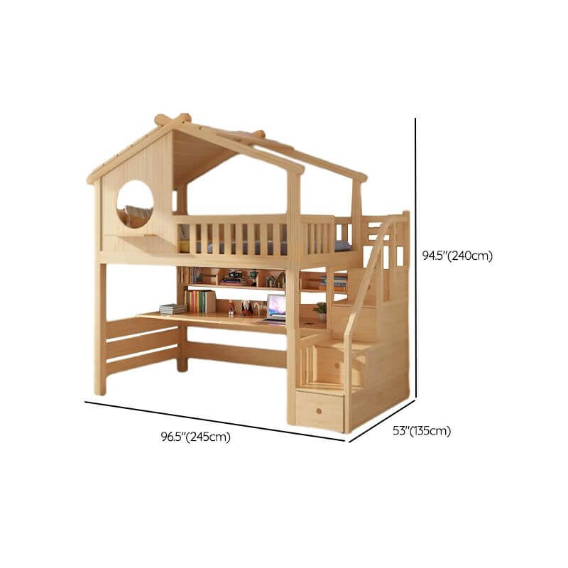 Pine Loft Bed with Ladder, Dollhouse Design and Built-In Storage Dimensions