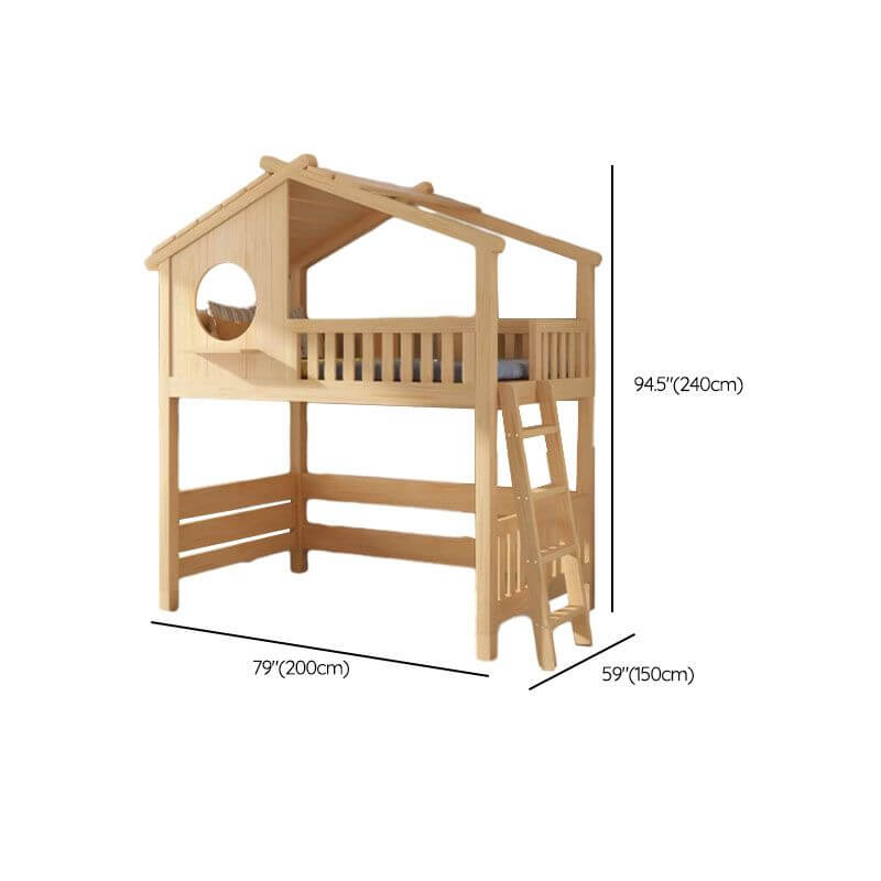 Pine Loft Bed with Ladder, Dollhouse Design and Built-In Storage Dimensions