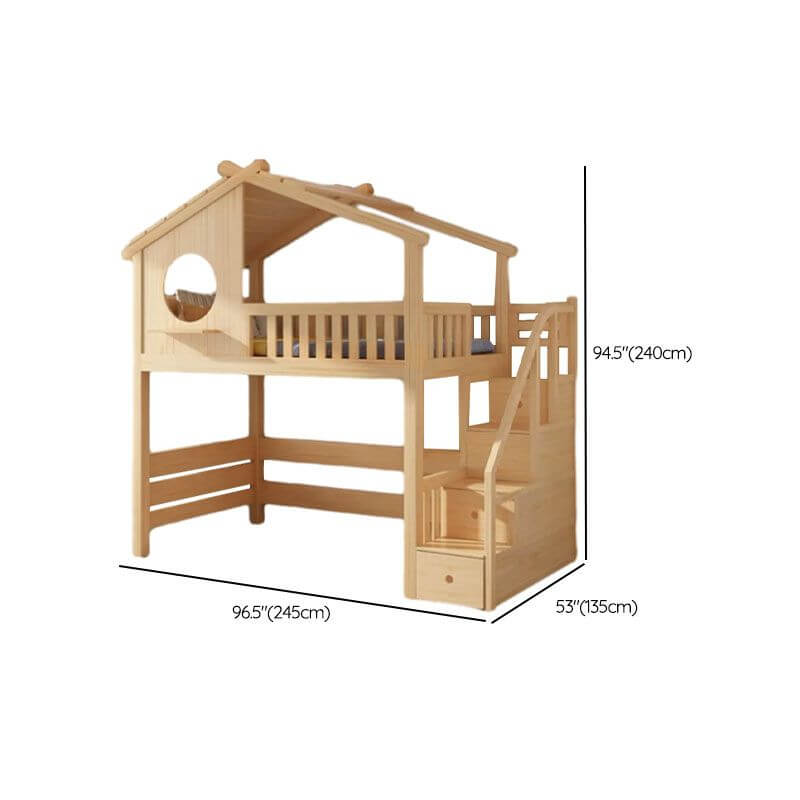 Pine Loft Bed with Ladder, Dollhouse Design and Built-In Storage Dimensions