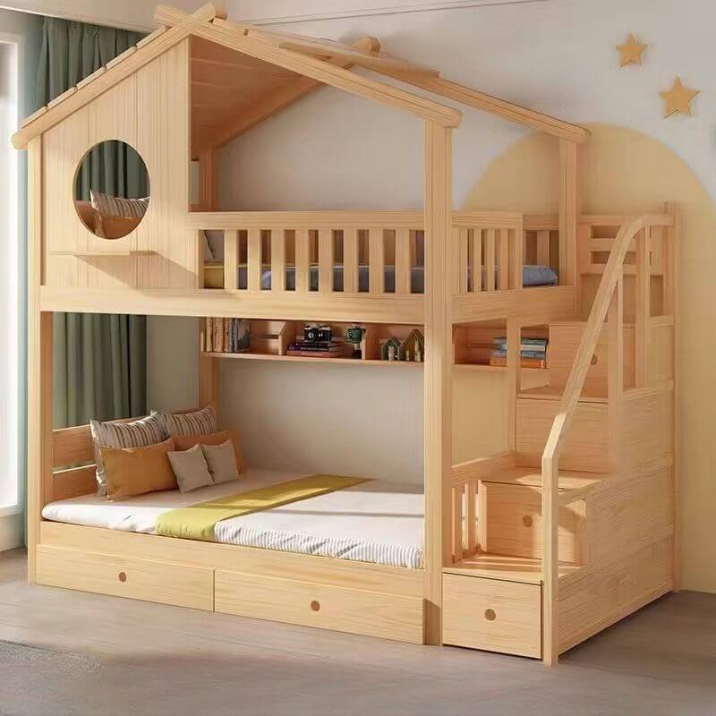 Pine Loft Bed with Ladder, Dollhouse Design and Built-In Storage Main Product Image