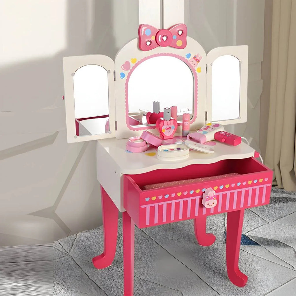 Pink Animal-Themed Kids Vanity Set with Adjustable Mirror and Chair