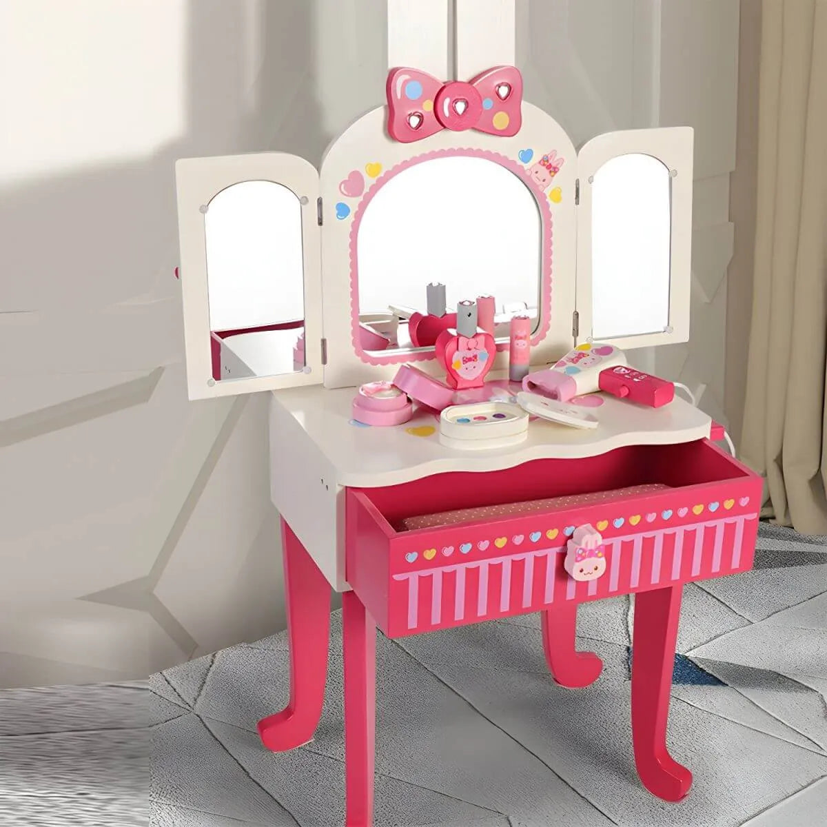Pink Animal-Themed Kids Vanity Set with Adjustable Mirror and Chair